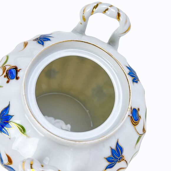 Jar Lid White Ceramic Blue Flowers Gold Trim Side Handles Decorative 4.75" Tall - Picture 6 of 12